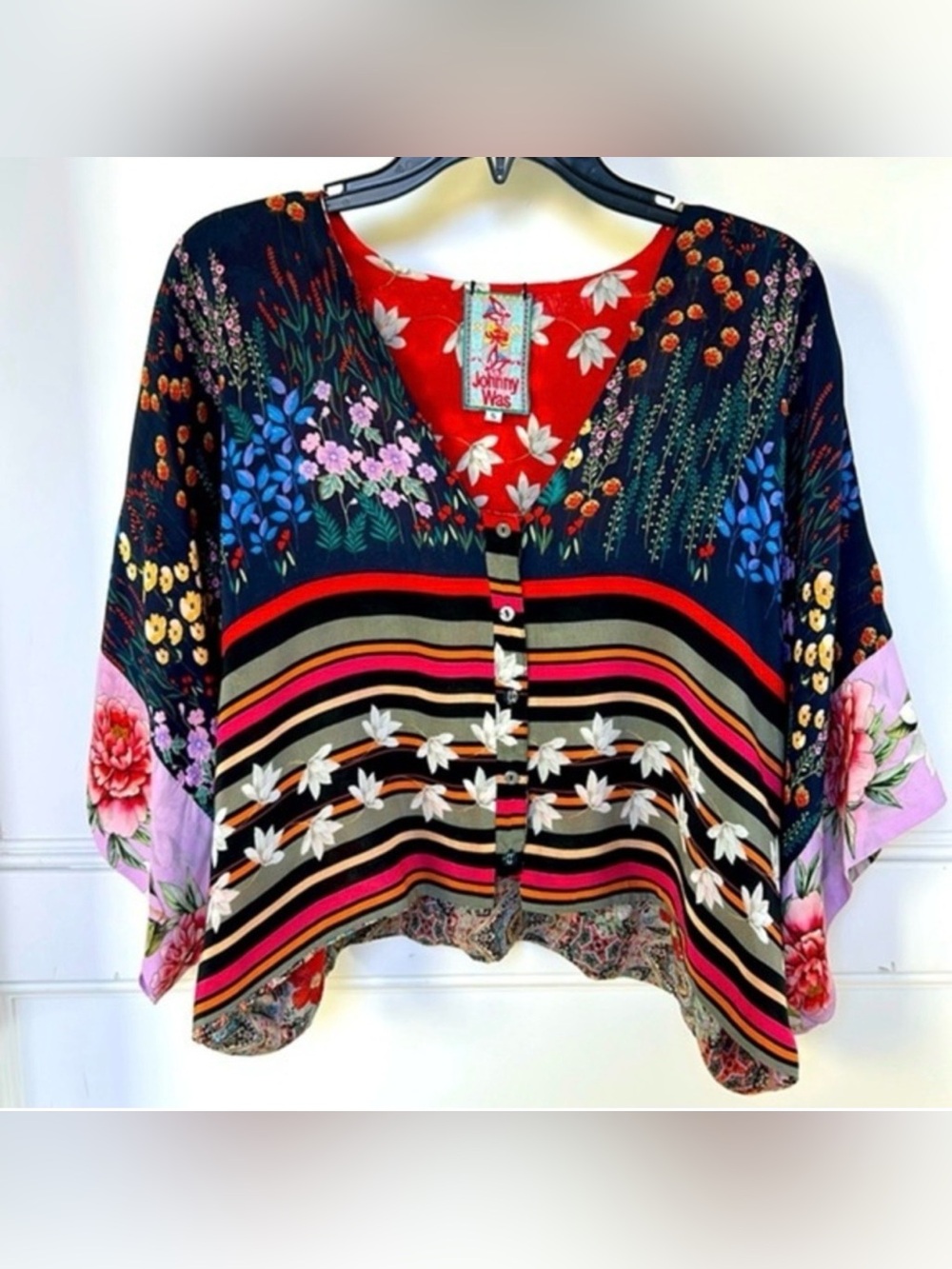 Reserved for Fox 🦊 Johnny Was Multicolor Floral-Striped V-Neck Women's Top